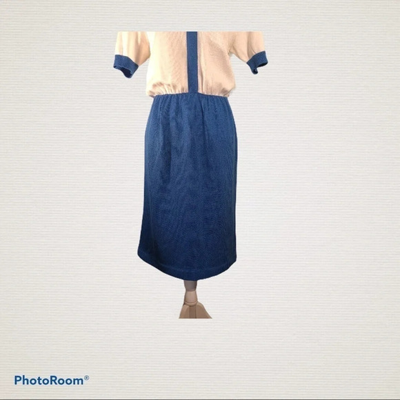 Vintage SCHRADER KNIT Sz ? Blue & Cream Dress - Picture 4 of 9